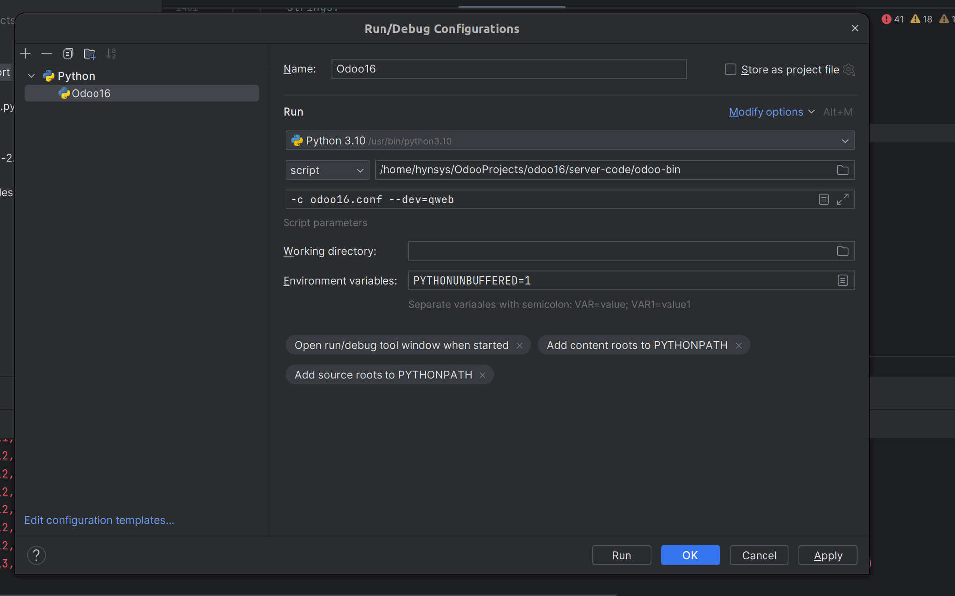 Pycharm debug configuration